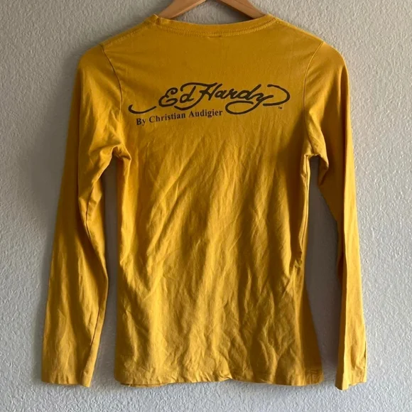 ☆Ed Hardy Yellow Bedazzled Rhinestone Long Sleeve Top☆ - Picture 2 of 2